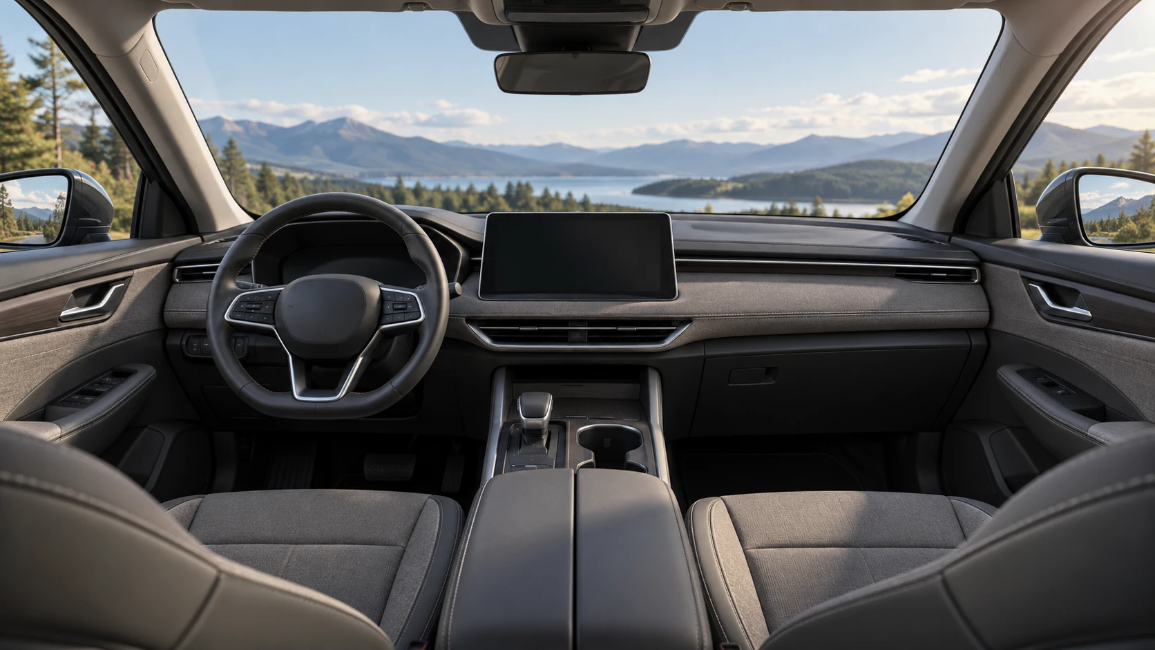 Fictional vehicle interior illustrating a hotspot-based exploration concept
